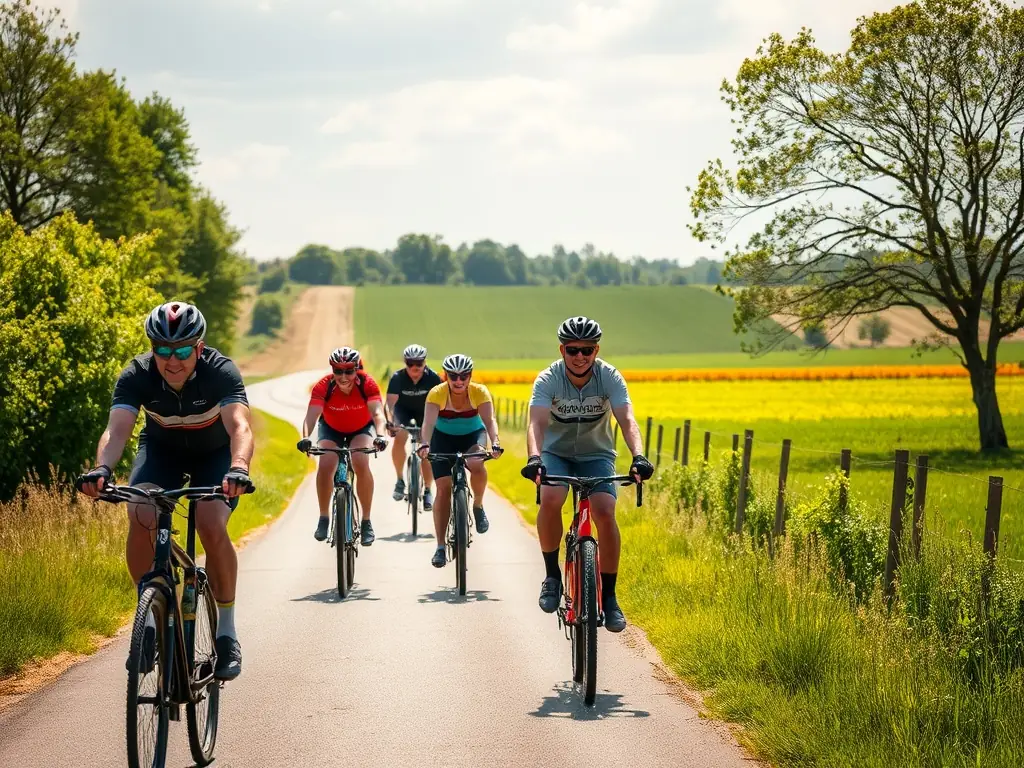 A group of cyclists of varying ages and abilities riding together on a sunny day through a picturesque countryside, symbolizing community and shared enjoyment of cycling.