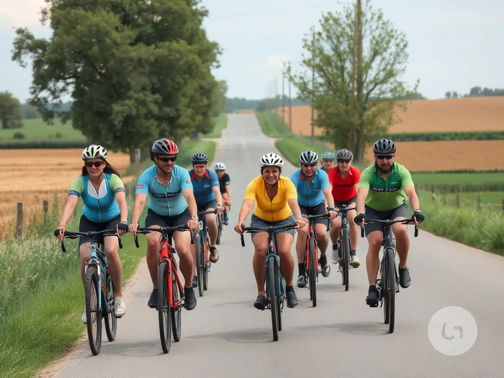 A group of cyclists of varying ages and abilities riding together on a scenic country road, showcasing the inclusive nature of UNION SPORTIVE SIRAN CYCLOTOURISME's community rides.
