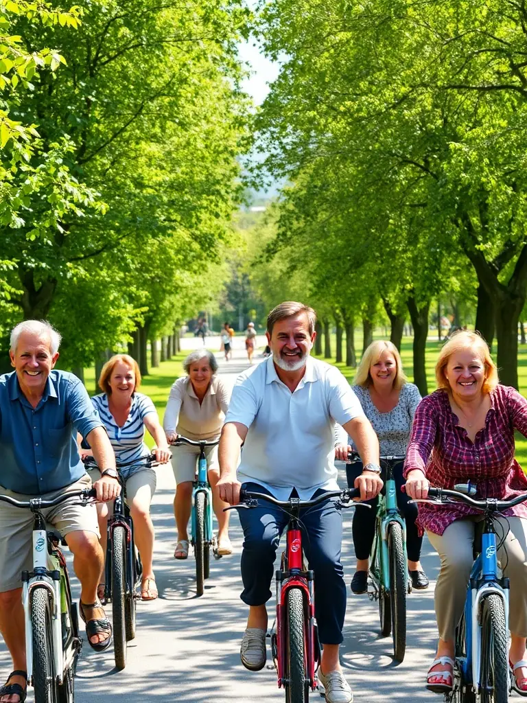 A group of cyclists of varying ages riding together on a paved path through a sunny, green park in Siran, France. The focus is on community and enjoying the outdoors.