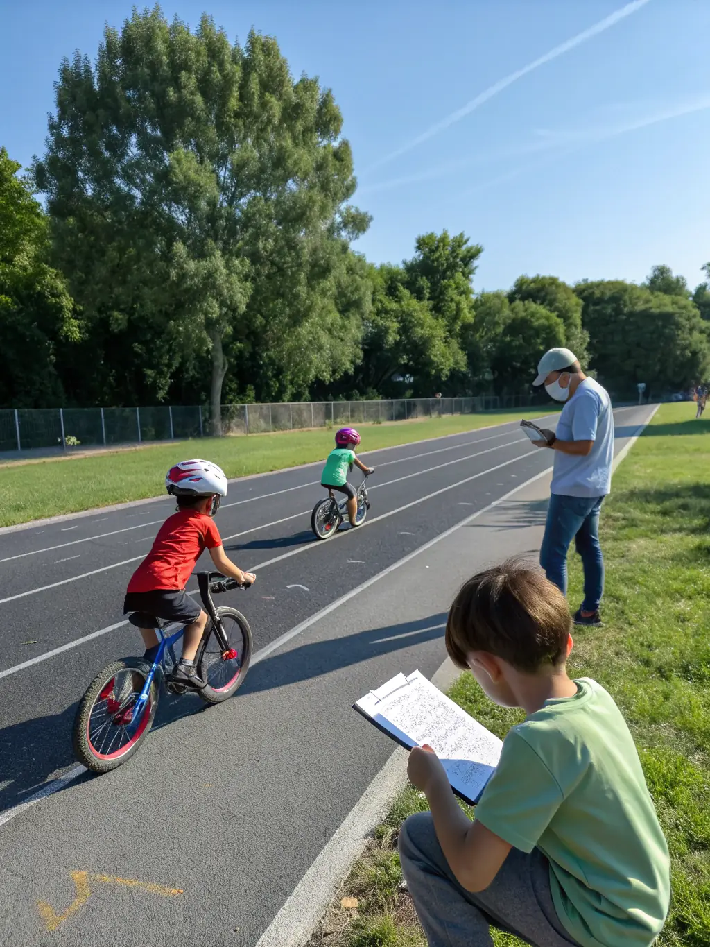 An image of children participating in a cycling safety course, learning about road rules and safe cycling practices from certified instructors.