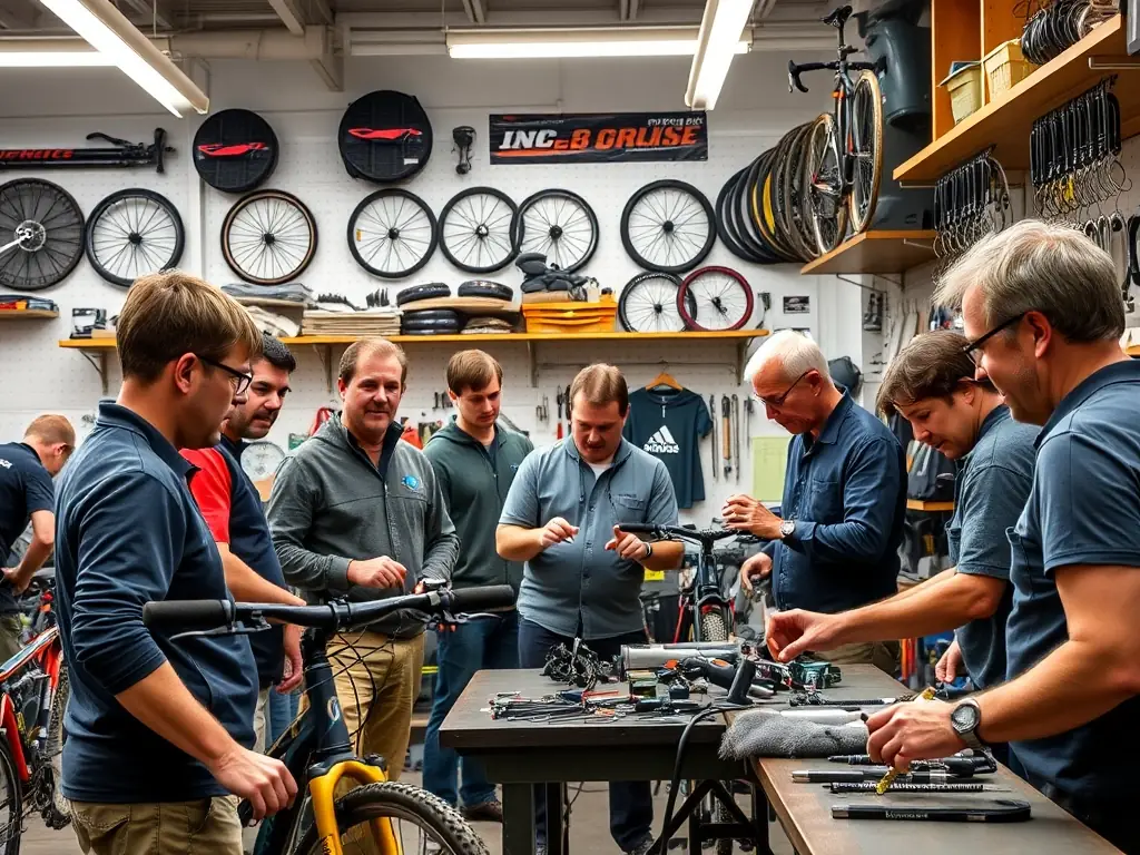 A photo of a bike maintenance workshop in progress, with participants learning how to repair and maintain their bicycles under the guidance of an experienced mechanic.