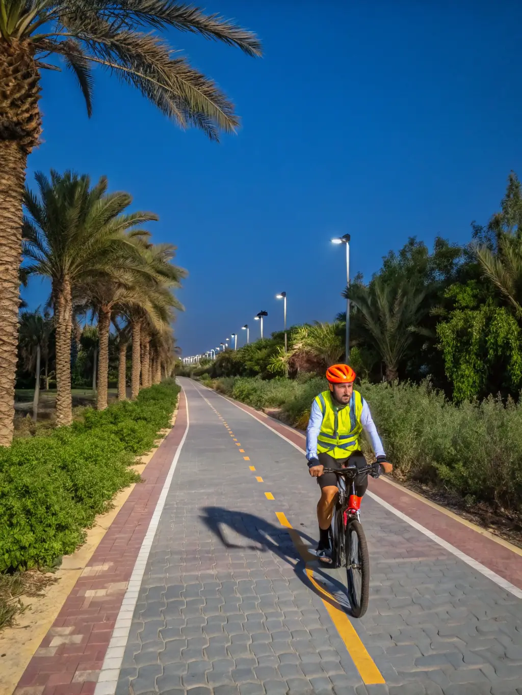A cyclist wearing a helmet and reflective gear, riding on a designated bike lane through the countryside at sunset. The image emphasizes safety and environmental awareness.
