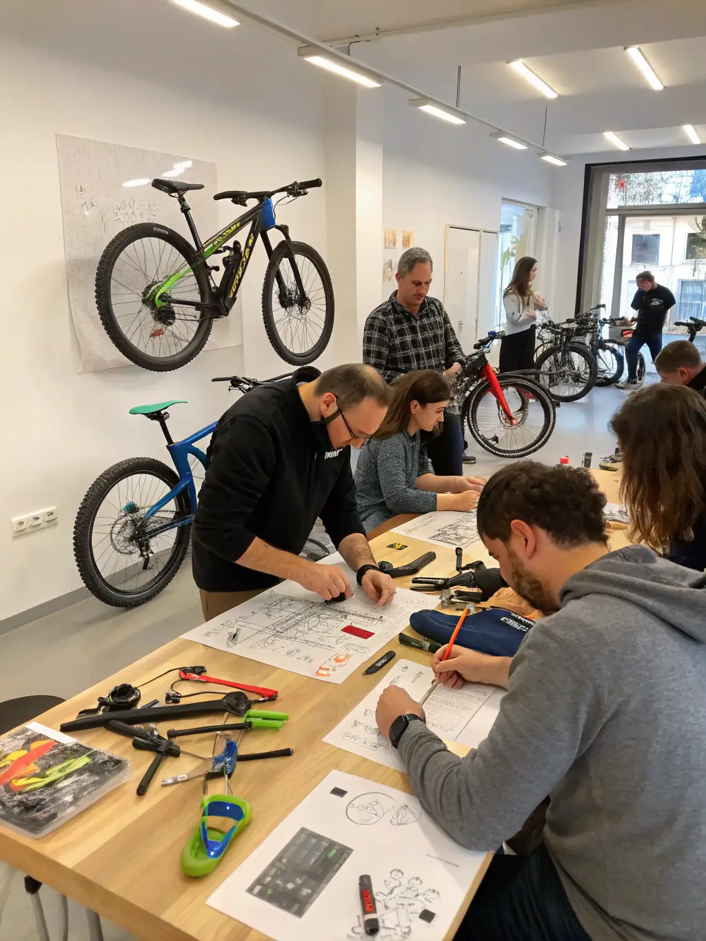 A close-up shot of a bicycle maintenance workshop, with participants learning how to repair and maintain their bikes under the guidance of an experienced mechanic.