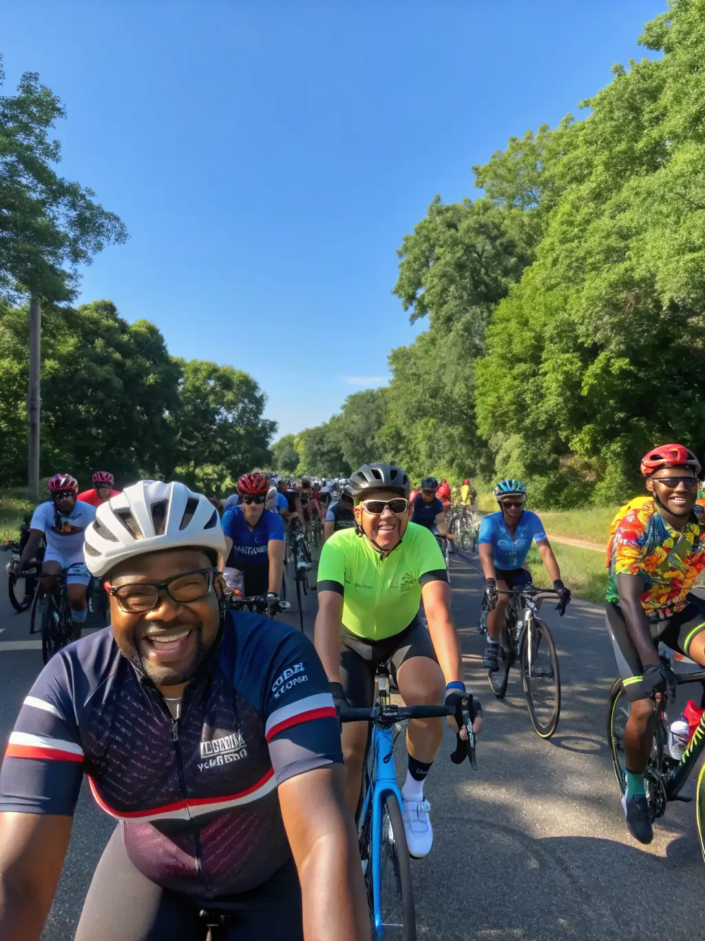 A group of cyclists of varying ages riding together on a paved path through a sunny, green park, showcasing a community cycling event organized by UNION SPORTIVE SIRAN CYCLOTOURISME.