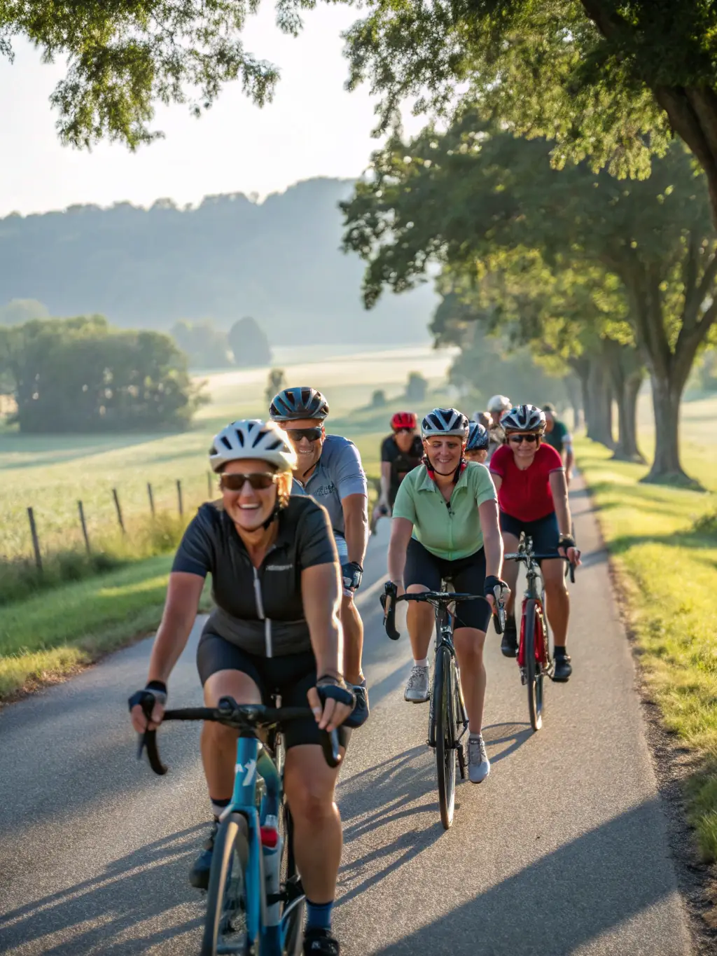 A diverse group of cyclists participating in a cycling event with banners and cheering spectators in the background. The event is well-organized and festive.