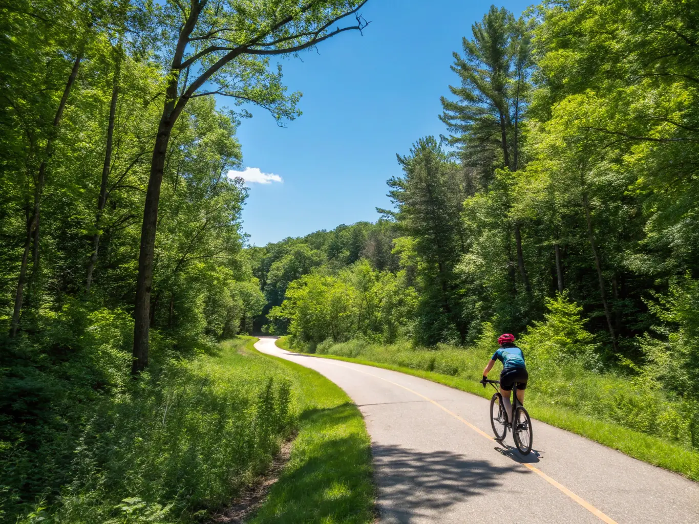 A cyclist riding through a lush green forest, emphasizing the environmental benefits of cycling as a sustainable mode of transportation.